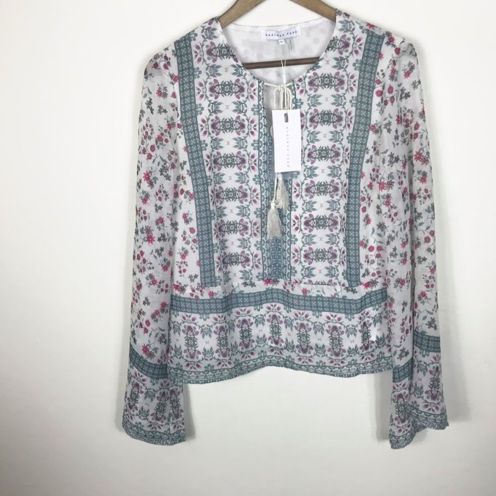 Lost + Wander White Blue Floral Tassel Boho Shirt